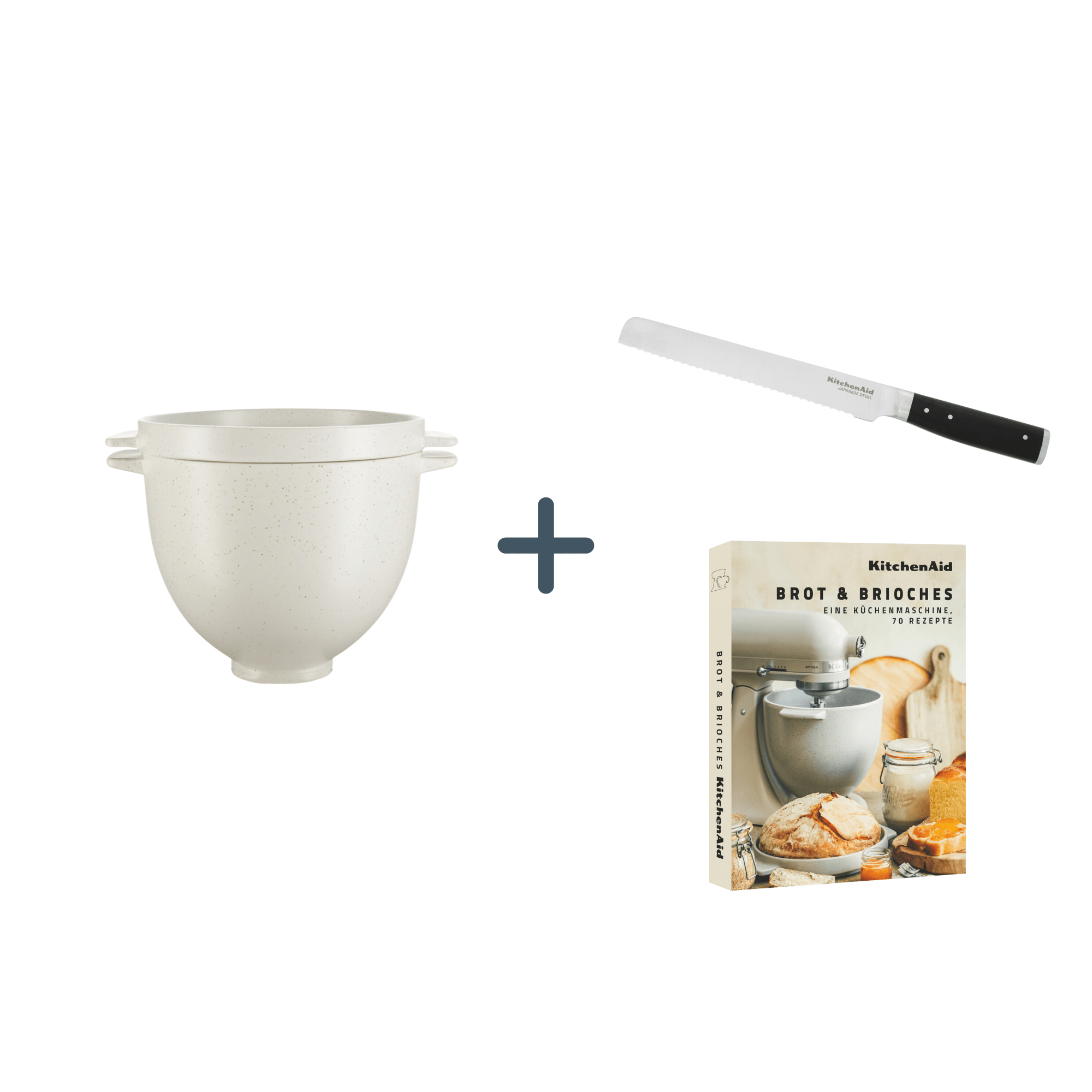 KitchenAid Brot-Backschüssel 5KSM2CB5BGS Grey Speckle mit KitchenAid Brotmesser KKFTR8BRWM+ Rezeptbuch Brot&Brioche