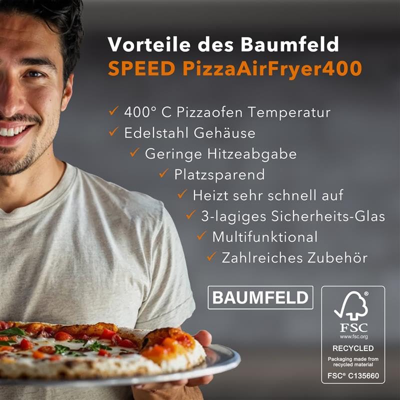 BAUMFELD PizzaAirfryer400 black - 12 in 1 Multifunktionsofen, Pizzaofen, 400 °C, tragbar, Grillen, Pizza, Air Fryer, Backen, XXL Zubehör, Indoor, Steinofenplatte, Gusseisenblech