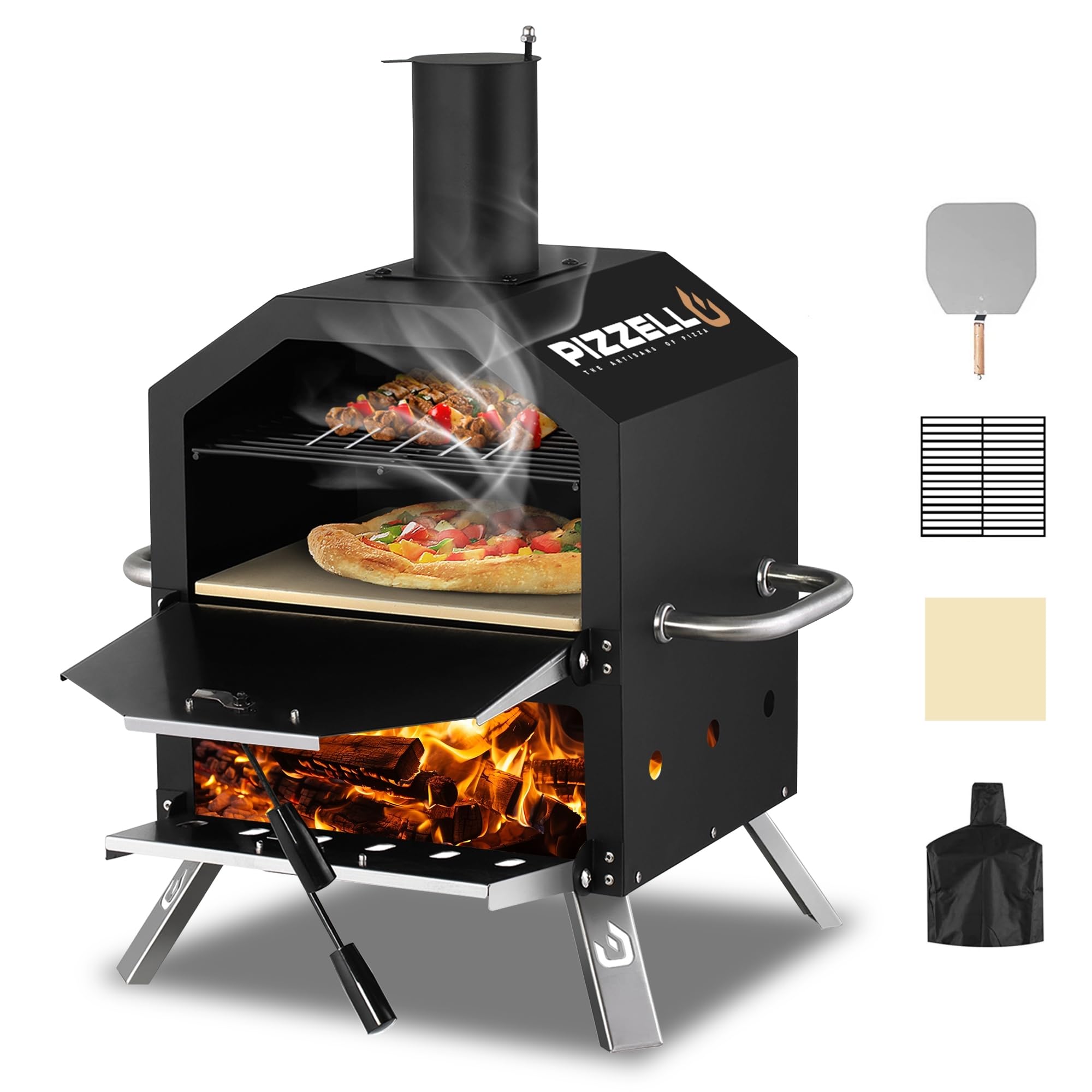 Pizzello Outdoor- Pizzaöfen Holzbefeuerter Pizzaöfen zum Backen von 2 Pizzen im Freien mit Pizzastein, Pizzaschieber, Deckel