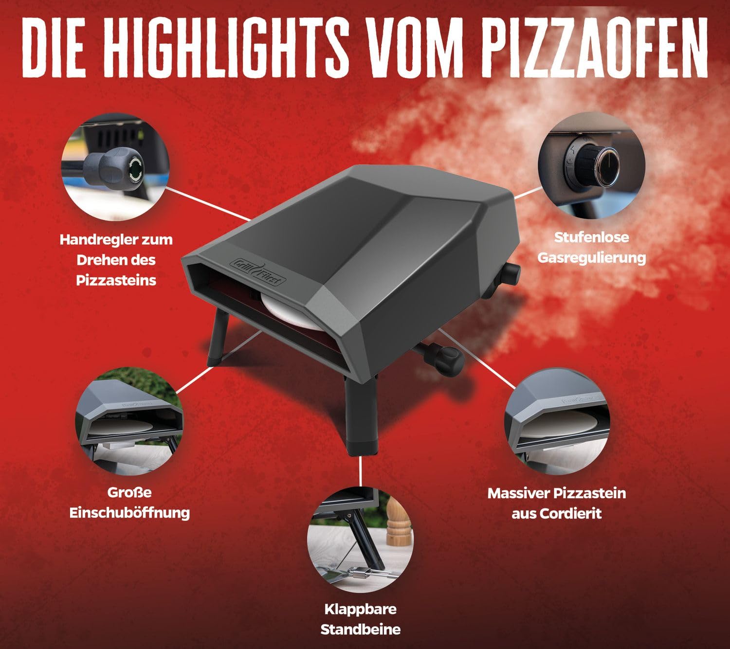 Grillfürst Gas Pizzaofen 305 mit drehbarem Pizzastein inkl. Starterset mit Pizzaschieber, 2 Pizzablechen und Pizzaschneider - bis zu 400°C, 4,65 kW starker Outdoor-Ofen, perfekt für knusprige Pizza