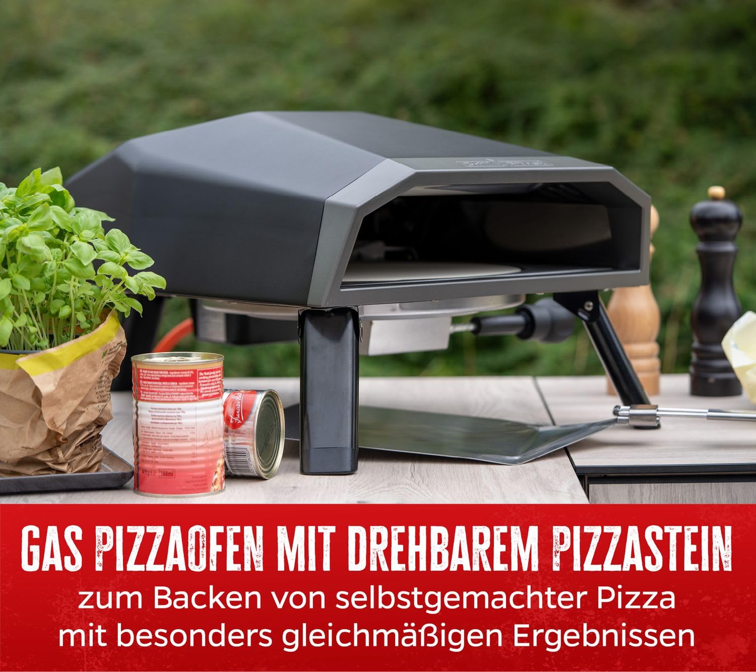 Grillfürst Gas Pizzaofen 305 mit drehbarem Pizzastein inkl. Starterset mit Pizzaschieber, 2 Pizzablechen und Pizzaschneider - bis zu 400°C, 4,65 kW starker Outdoor-Ofen, perfekt für knusprige Pizza