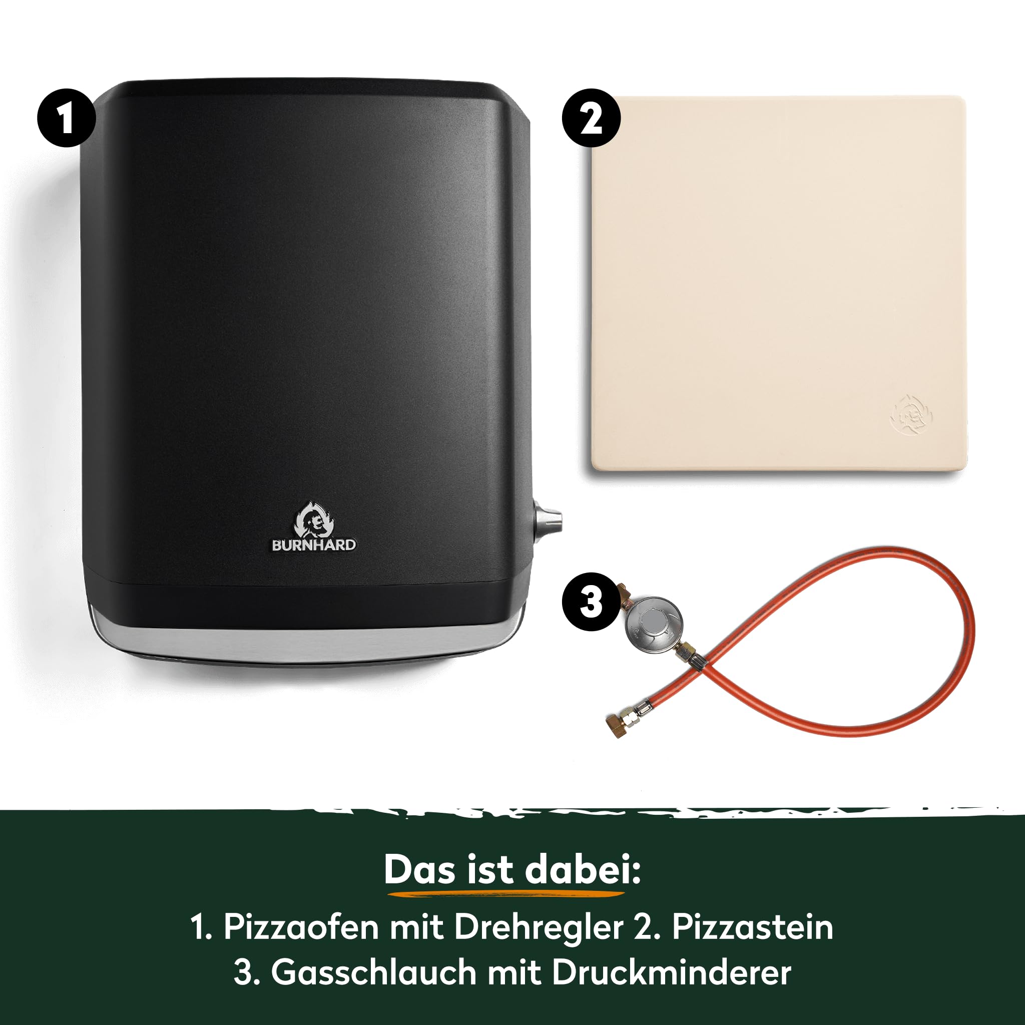 BURNHARD Gas Pizzaofen - TONY, 450 °C, Tragbarer 5,9 kW Outdoor Ofen für Pizza (58,5 x 47,7 x 24,8 cm) inkl. Cordierit-Pizzastein, geeignet für Terrasse, Balkon und Garten