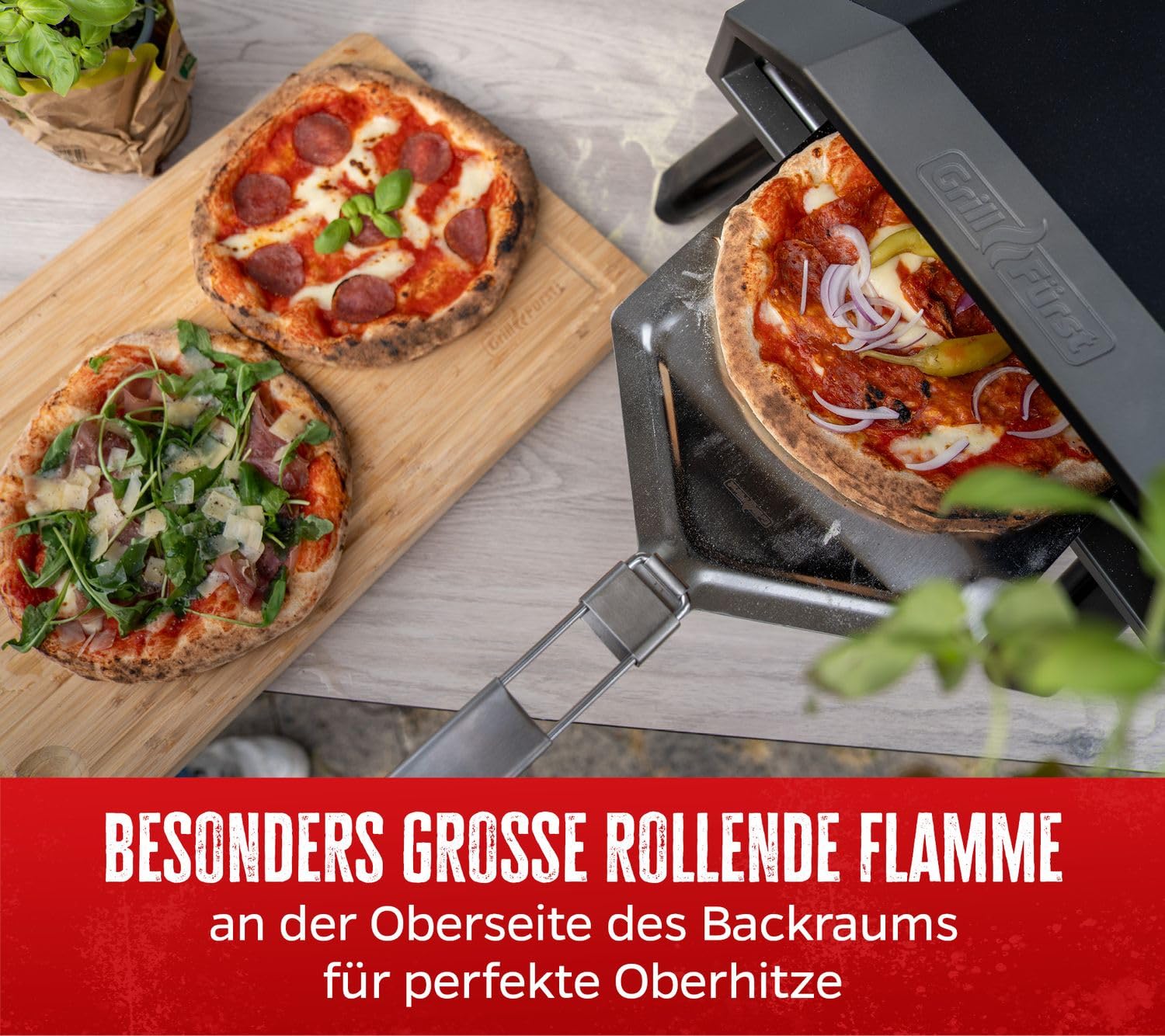 Grillfürst Gas Pizzaofen 305 mit drehbarem Pizzastein - bis zu 400°C, 4,65 kW starker Outdoor-Ofen für Pizza, geeignet für Terrasse, Balkon und Garten, perfekt für knusprige Pizza