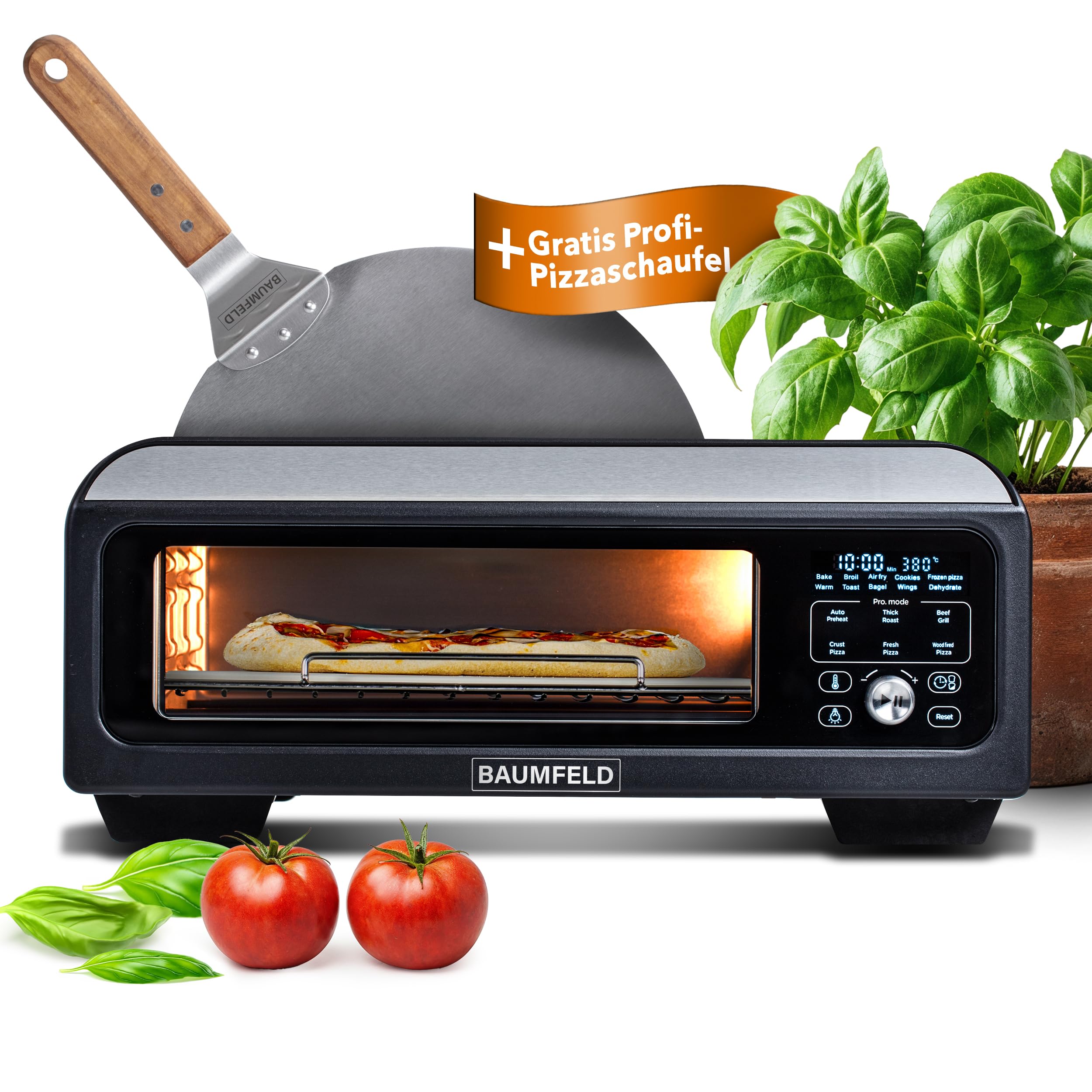 BAUMFELD PizzaAirfryer400 black - 12 in 1 Multifunktionsofen, Pizzaofen, 400 °C, tragbar, Grillen, Pizza, Air Fryer, Backen, XXL Zubehör, Indoor, Steinofenplatte, Gusseisenblech