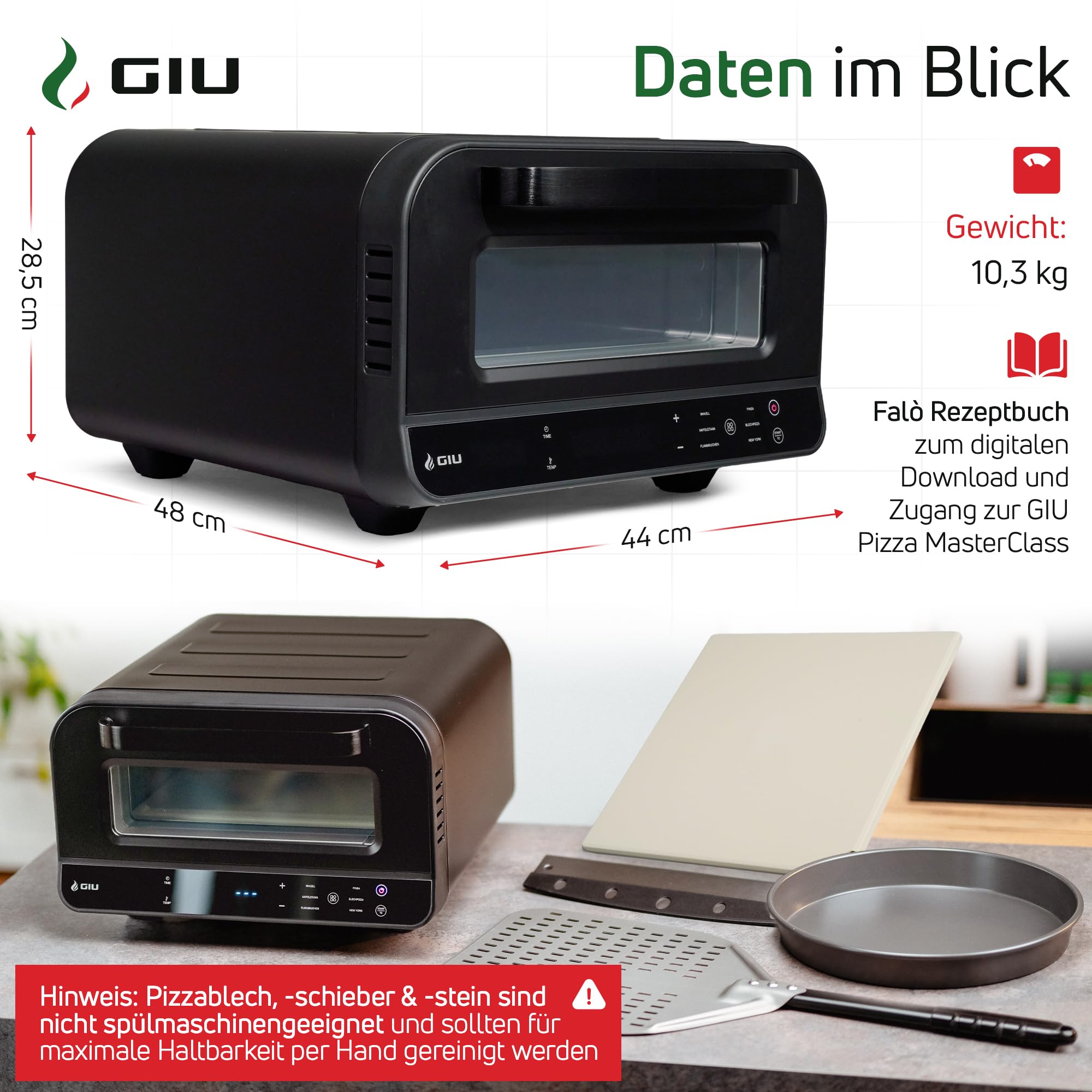 Elektrischer Pizzaofen - Starker Elektro-Ofen für neapolitanische Pizza | Backofen, Pizzaofen, elektrisch, Electric Oven | Über 400 Grad FusionHeat-Tech | Genieße Steinofen-Geschmack Zuhause | GIU