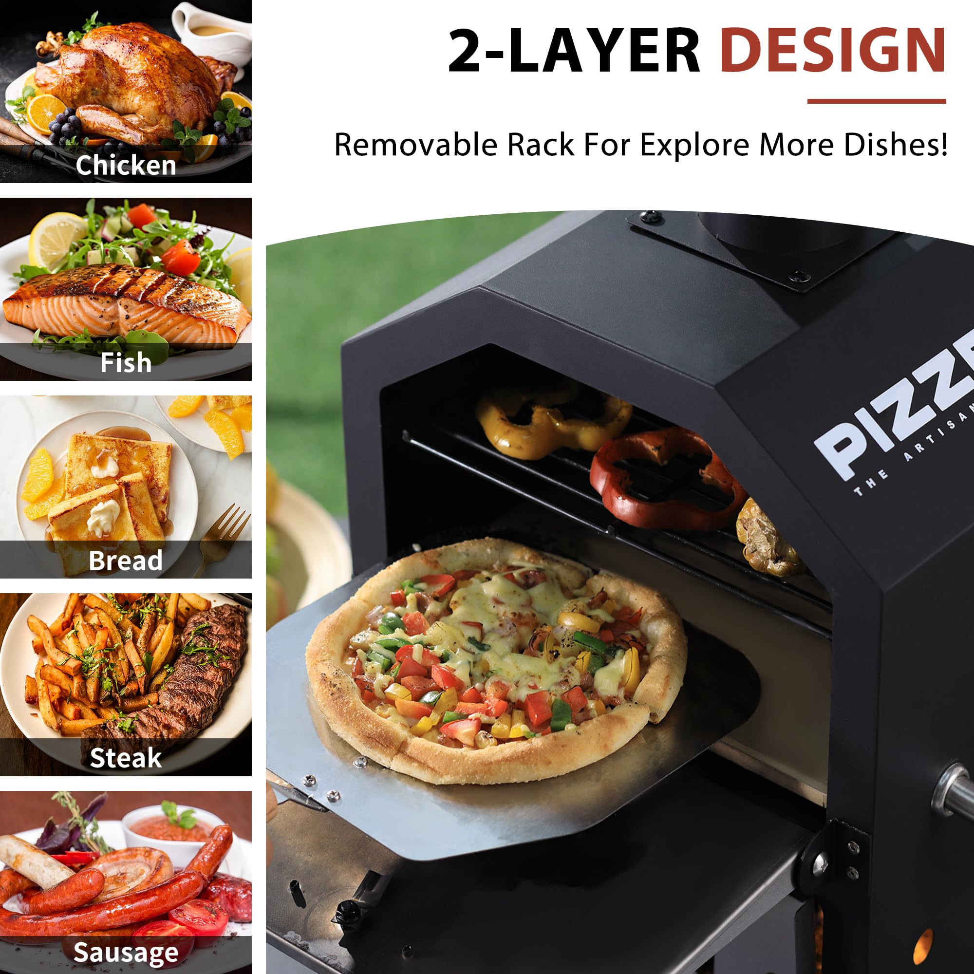 Pizzello Outdoor- Pizzaöfen Holzbefeuerter Pizzaöfen zum Backen von 2 Pizzen im Freien mit Pizzastein, Pizzaschieber, Deckel