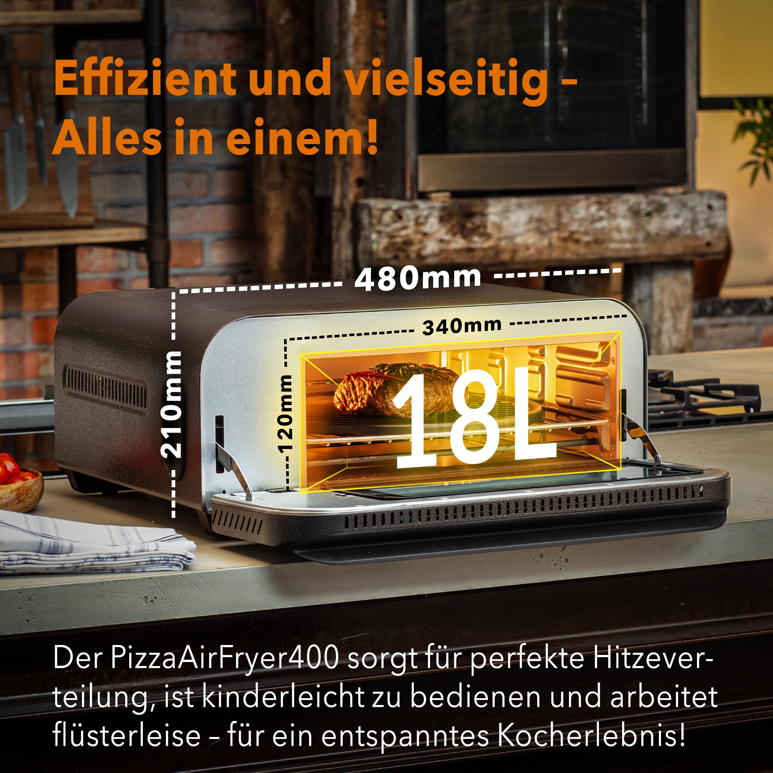 BAUMFELD PizzaAirfryer400 black - 12 in 1 Multifunktionsofen, Pizzaofen, 400 °C, tragbar, Grillen, Pizza, Air Fryer, Backen, XXL Zubehör, Indoor, Steinofenplatte, Gusseisenblech