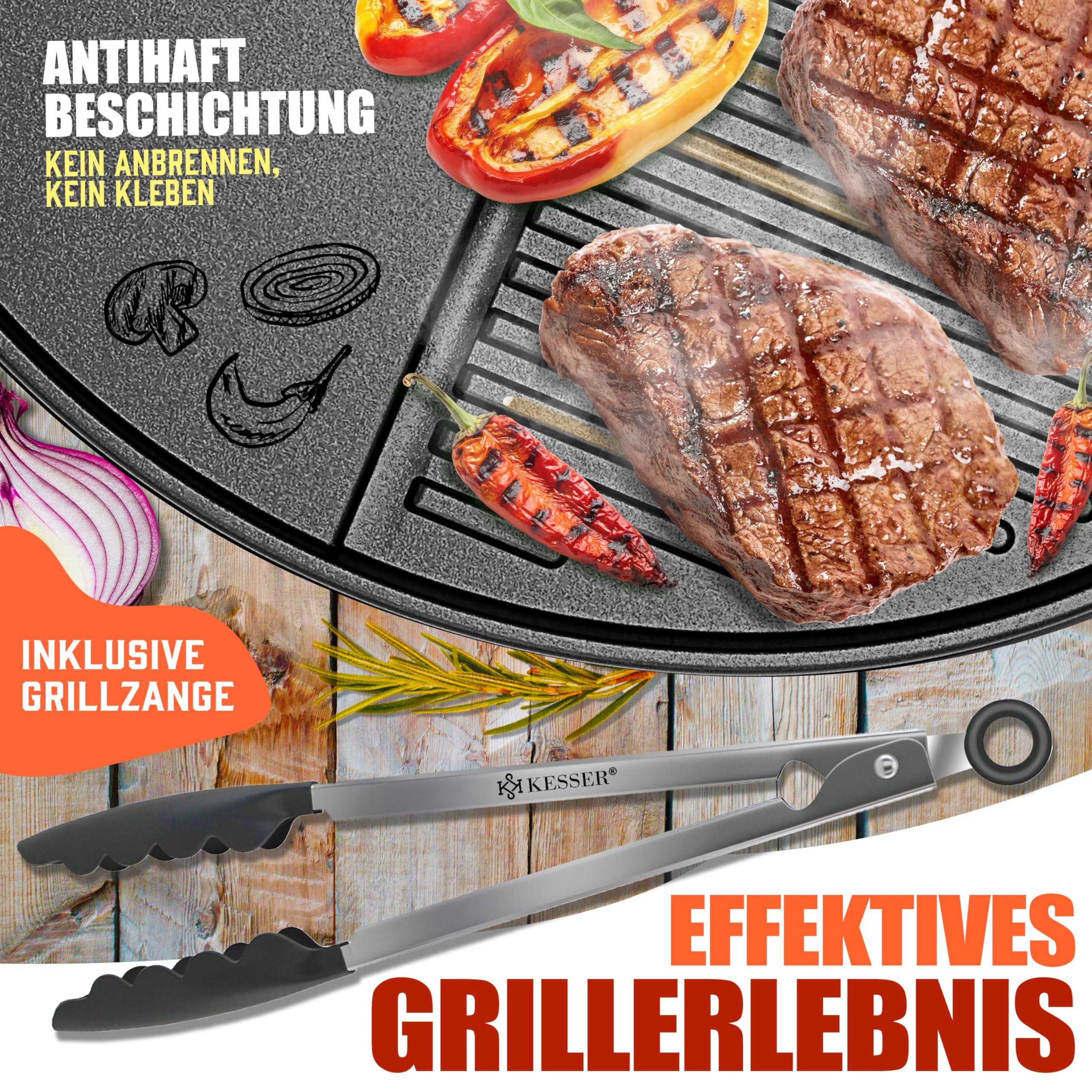 KESSER® elektrischer Elektrogrill 2in1 Tischgrill - Standgrill mit Deckel | max. 2400 Watt | Faltbar | Thermostat | Antihaftbeschichtung | Grillplatte Abstelltische | 2 Räder | inkl. Abdeckung & Zange