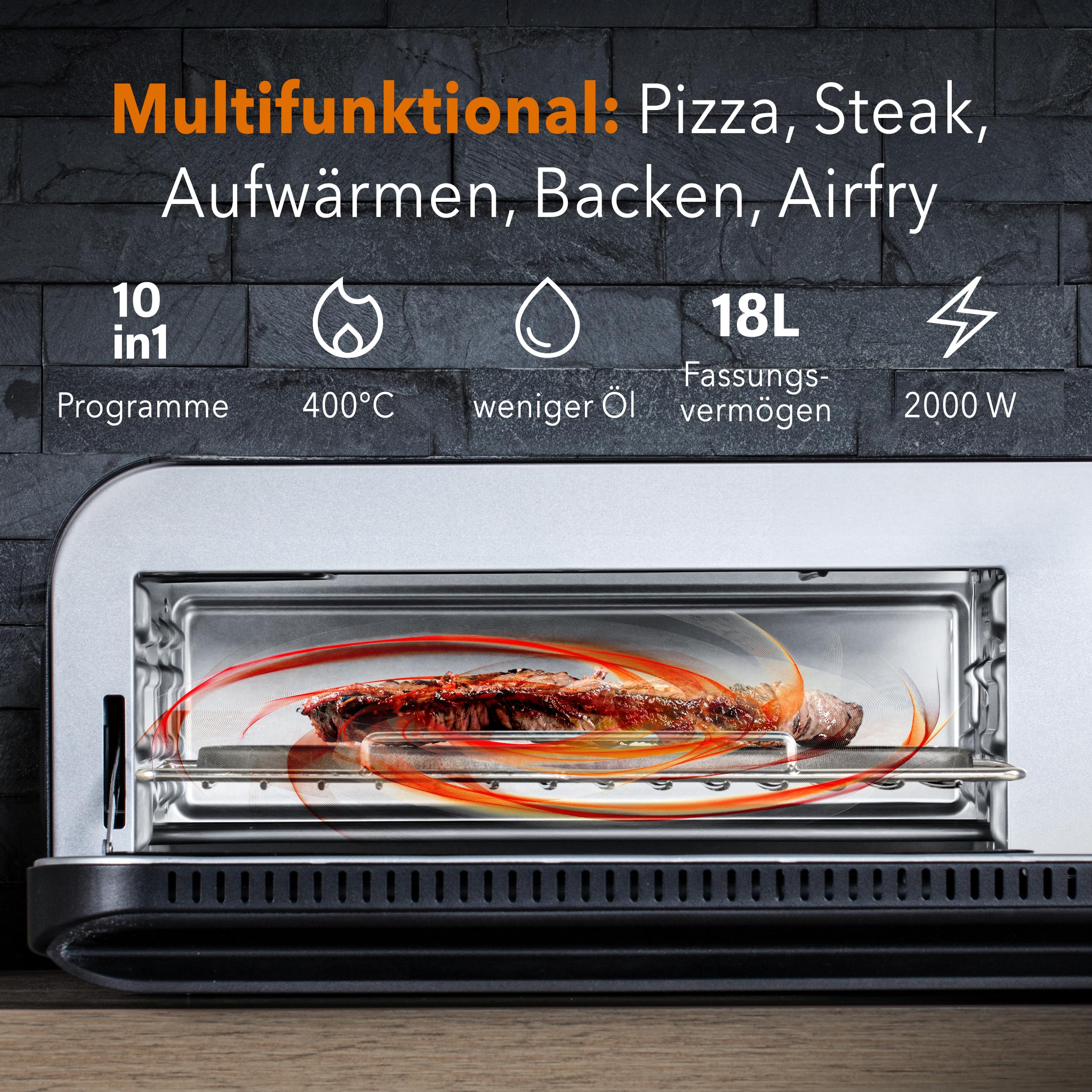 BAUMFELD PizzaAirfryer400 black - 12 in 1 Multifunktionsofen, Pizzaofen, 400 °C, tragbar, Grillen, Pizza, Air Fryer, Backen, XXL Zubehör, Indoor, Steinofenplatte, Gusseisenblech