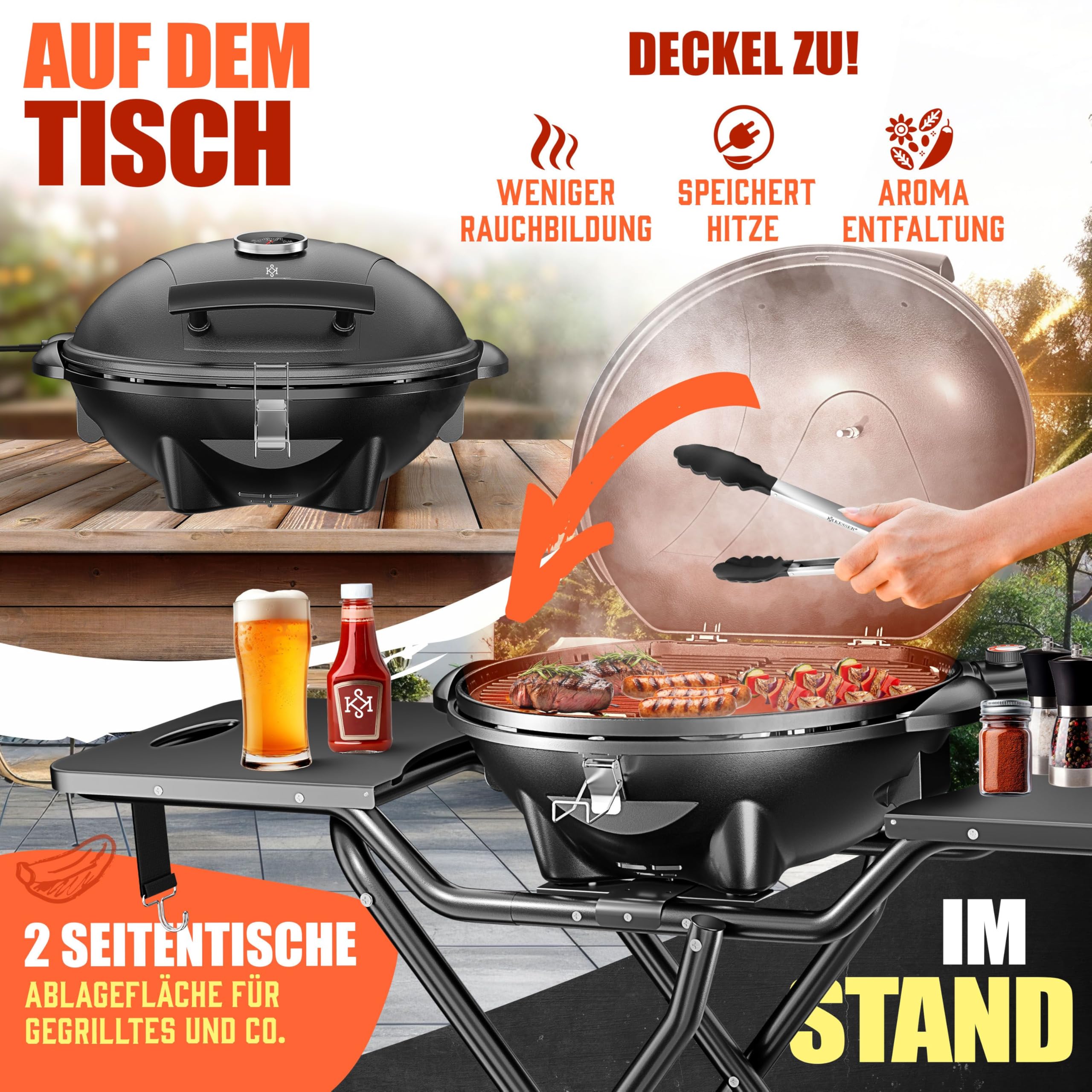 KESSER® elektrischer Elektrogrill 2in1 Tischgrill - Standgrill mit Deckel | max. 2400 Watt | Faltbar | Thermostat | Antihaftbeschichtung | Grillplatte Abstelltische | 2 Räder | inkl. Abdeckung & Zange