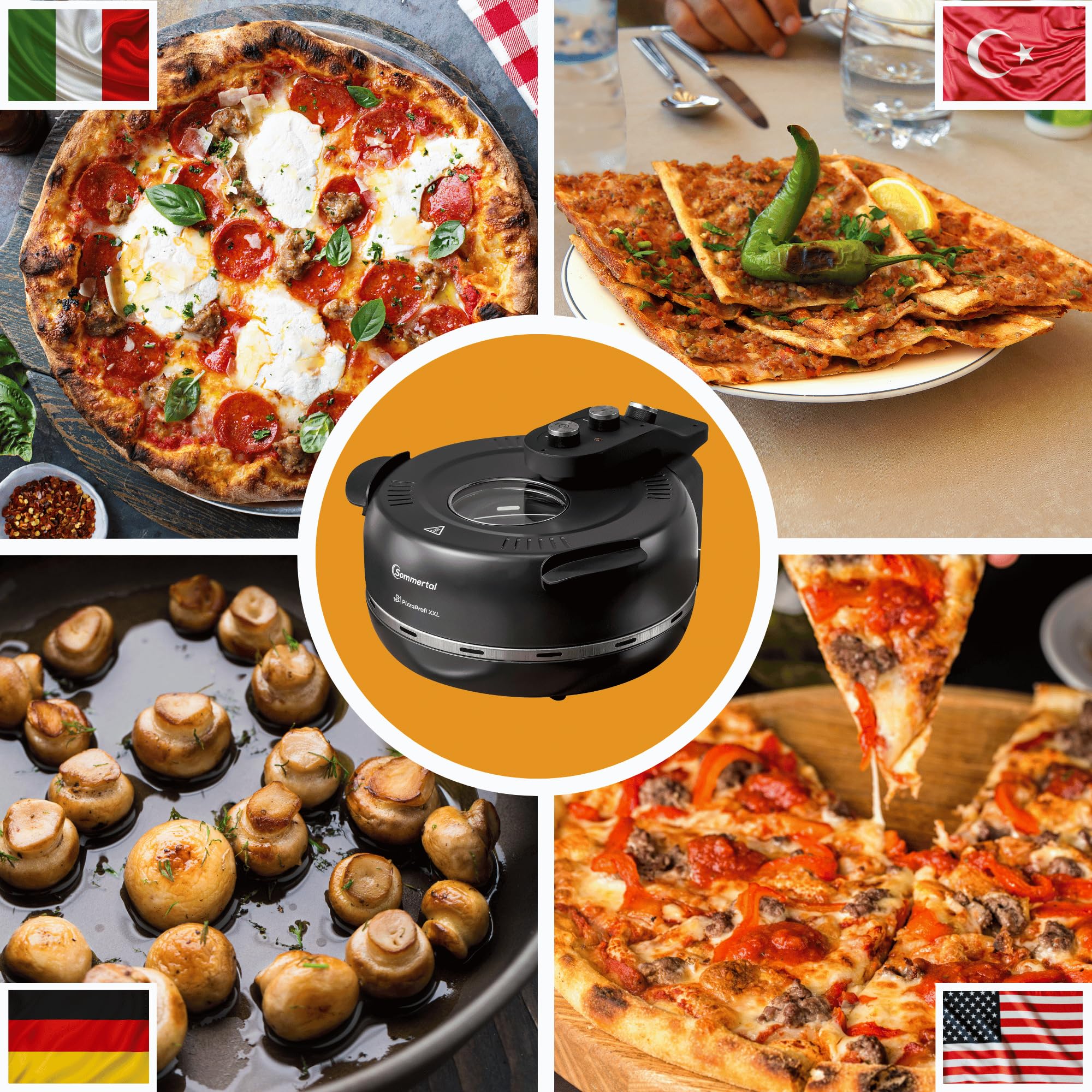 Sommertal PizzaProfi XXL Pizzaofen mit 39cm Steinplatte – Pizza Ofen elektrisch, schnelle 3-Minuten Pizza, bis 380°C – 5-teiliges Set mit Pfanneneinsatz, 2x Pizzaschieber, Schneider, Pizzastein