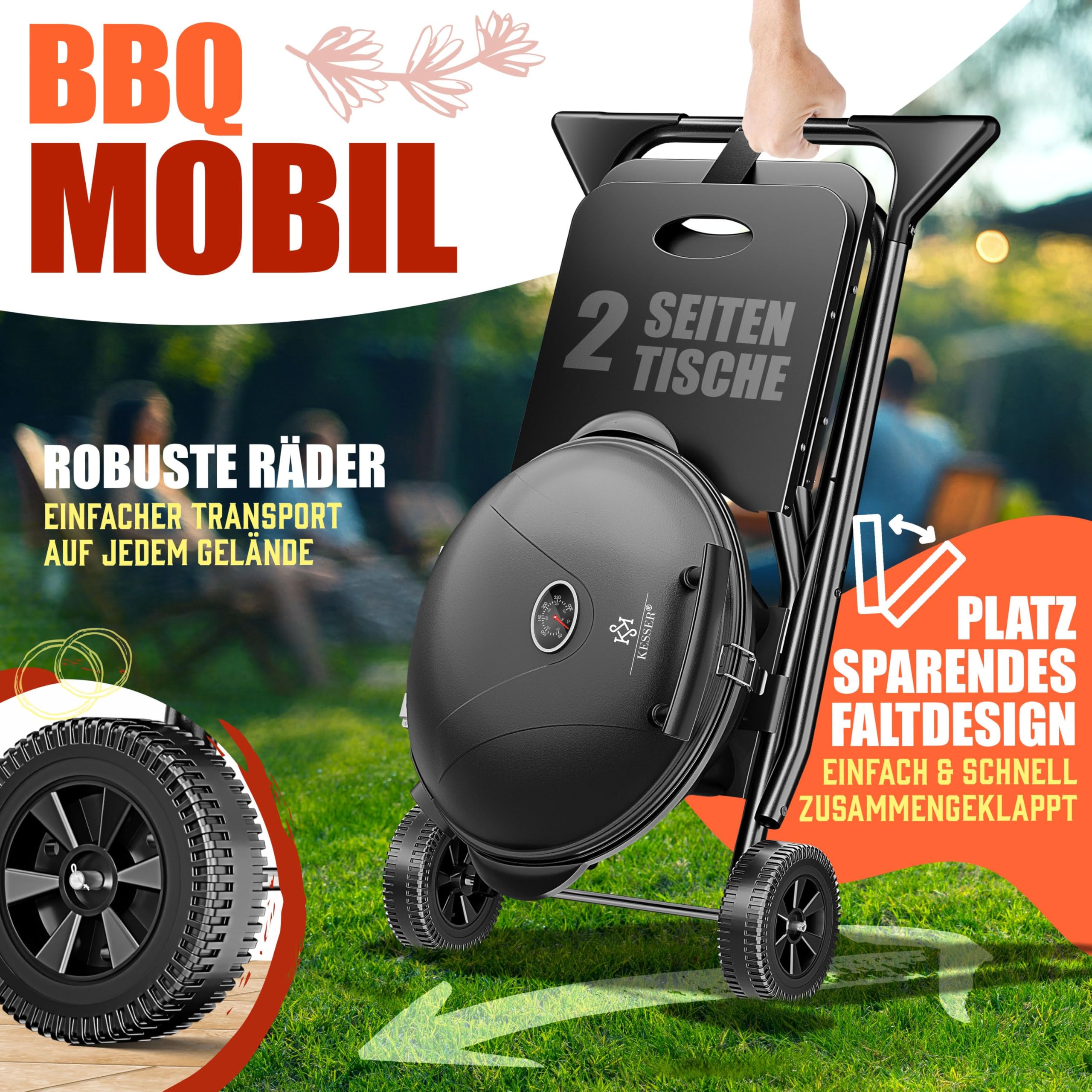 KESSER® elektrischer Elektrogrill 2in1 Tischgrill - Standgrill mit Deckel | max. 2400 Watt | Faltbar | Thermostat | Antihaftbeschichtung | Grillplatte Abstelltische | 2 Räder | inkl. Abdeckung & Zange