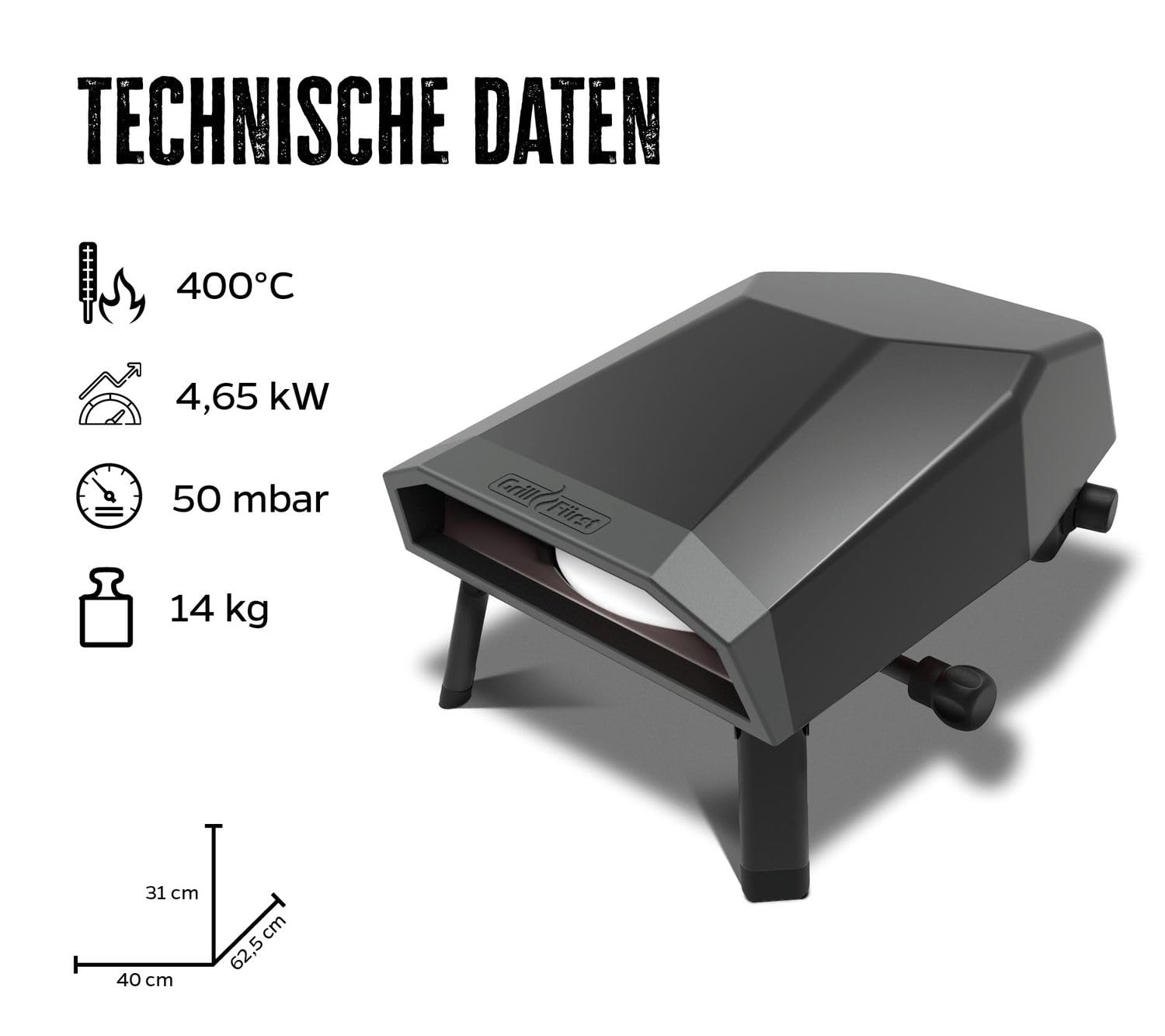 Grillfürst Gas Pizzaofen 305 mit drehbarem Pizzastein - bis zu 400°C, 4,65 kW starker Outdoor-Ofen für Pizza, geeignet für Terrasse, Balkon und Garten, perfekt für knusprige Pizza
