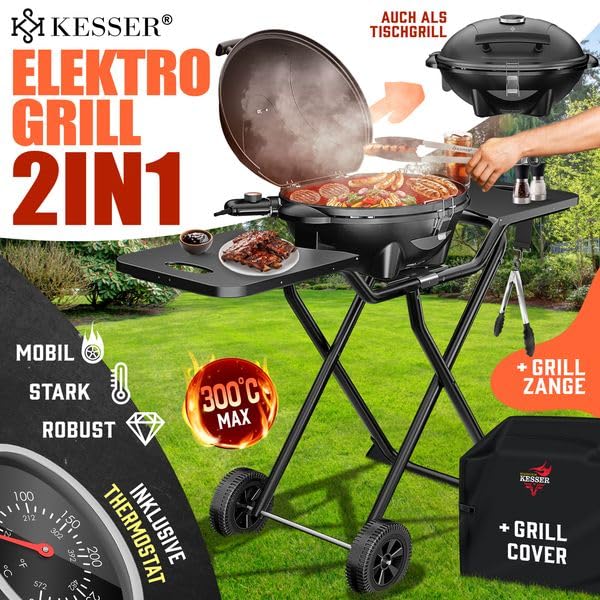 KESSER® elektrischer Elektrogrill 2in1 Tischgrill - Standgrill mit Deckel | max. 2400 Watt | Faltbar | Thermostat | Antihaftbeschichtung | Grillplatte Abstelltische | 2 Räder | inkl. Abdeckung & Zange