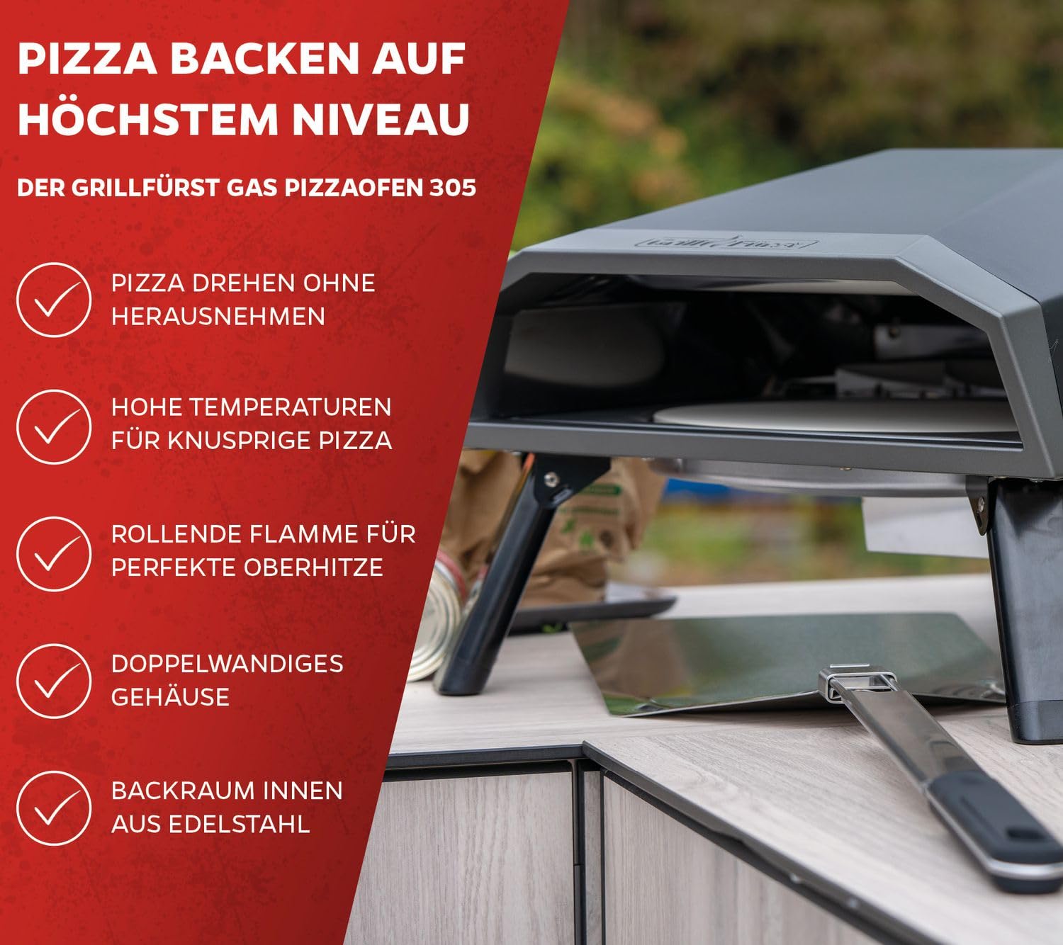 Grillfürst Gas Pizzaofen 305 mit drehbarem Pizzastein - bis zu 400°C, 4,65 kW starker Outdoor-Ofen für Pizza, geeignet für Terrasse, Balkon und Garten, perfekt für knusprige Pizza