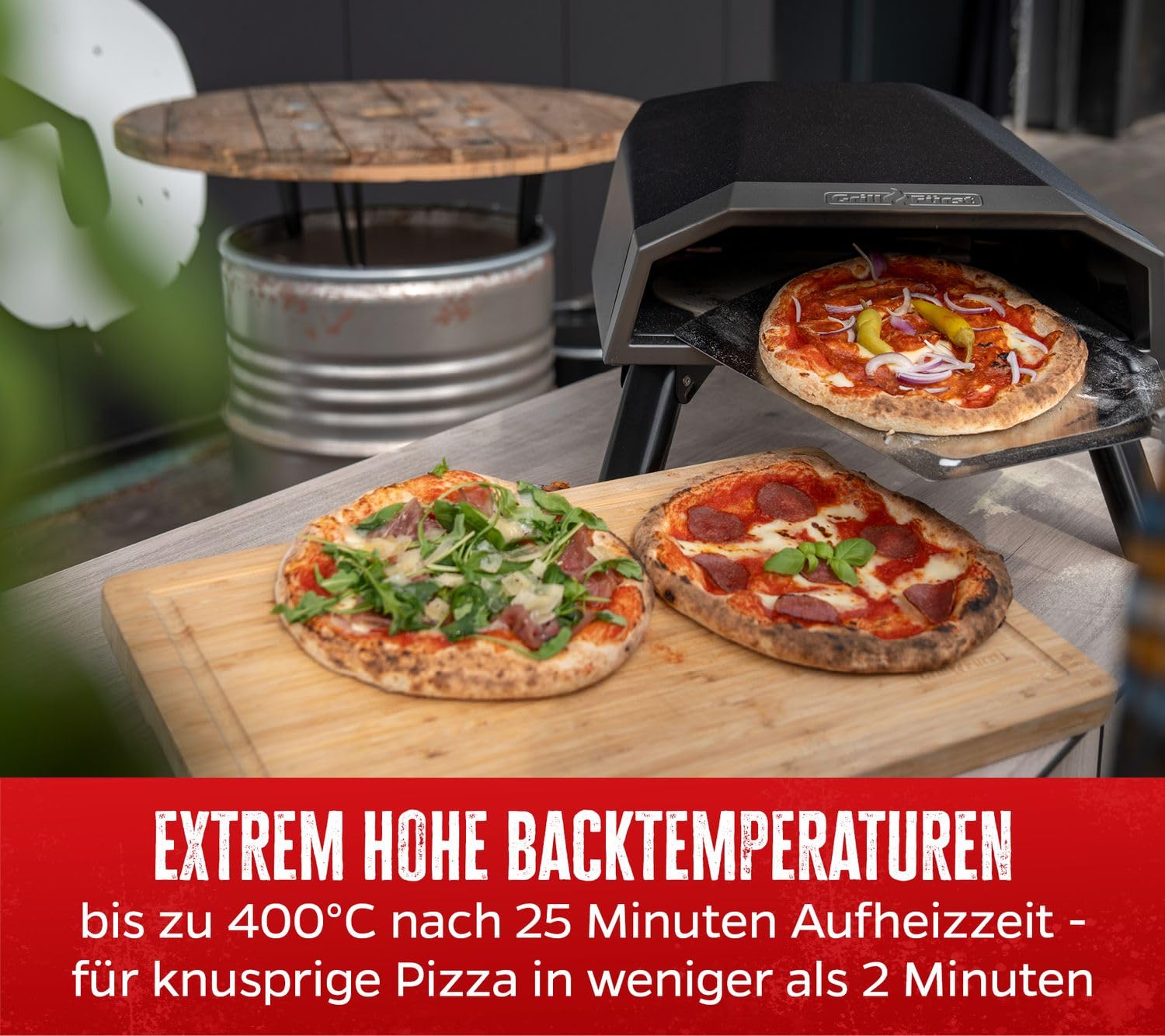 Grillfürst Gas Pizzaofen 305 mit drehbarem Pizzastein - bis zu 400°C, 4,65 kW starker Outdoor-Ofen für Pizza, geeignet für Terrasse, Balkon und Garten, perfekt für knusprige Pizza