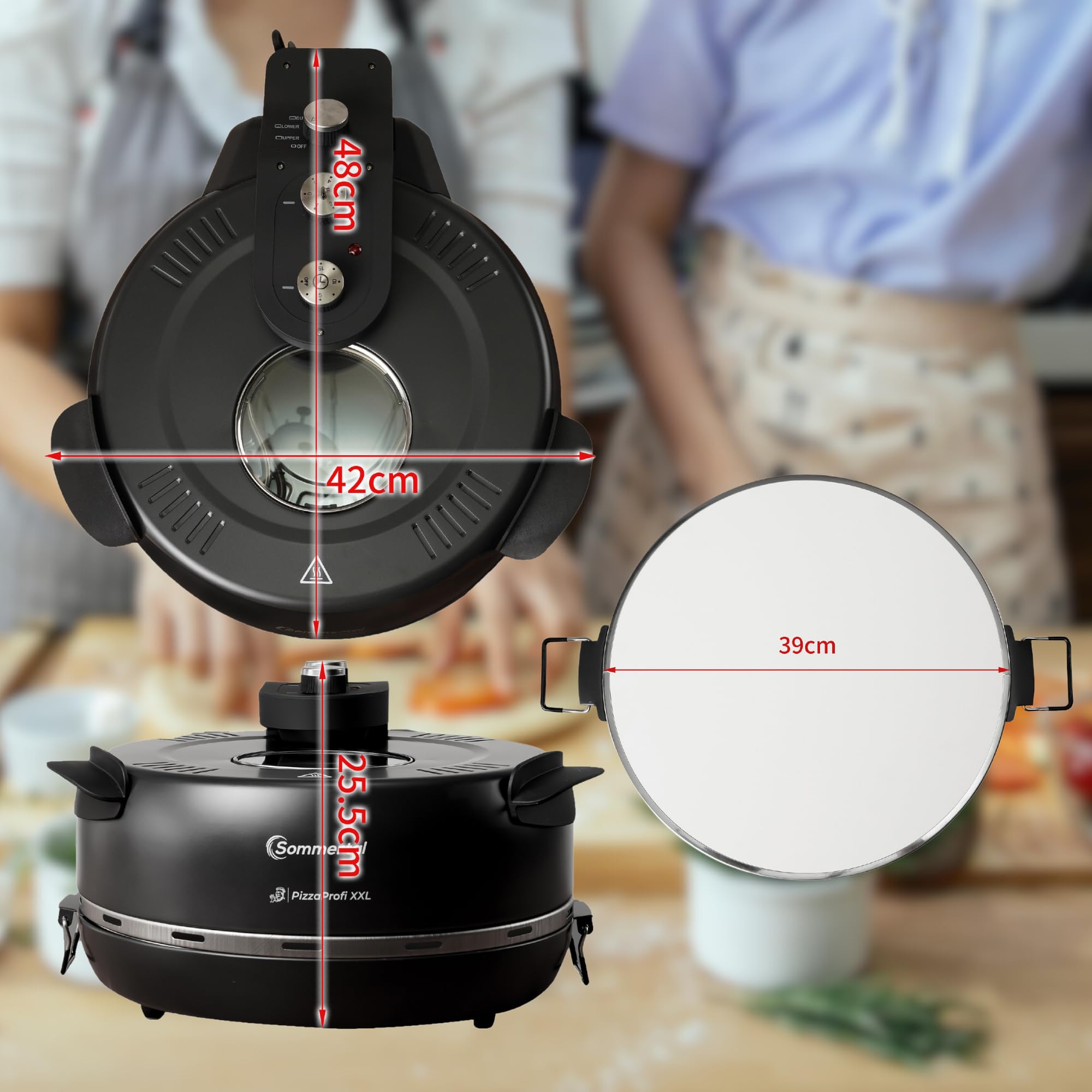 Sommertal PizzaProfi XXL Pizzaofen mit 39cm Steinplatte – Pizza Ofen elektrisch, schnelle 3-Minuten Pizza, bis 380°C – 5-teiliges Set mit Pfanneneinsatz, 2x Pizzaschieber, Schneider, Pizzastein