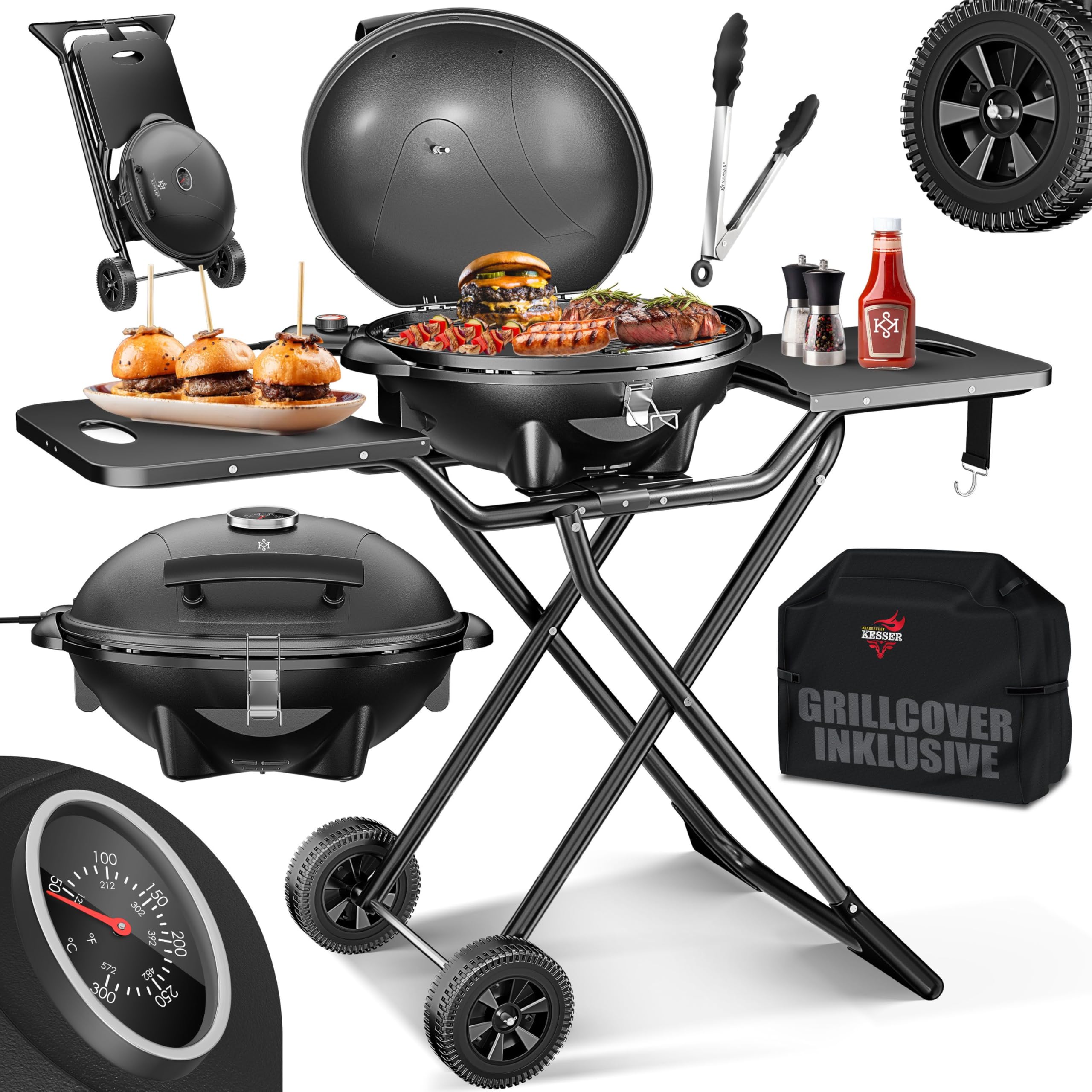KESSER® elektrischer Elektrogrill 2in1 Tischgrill - Standgrill mit Deckel | max. 2400 Watt | Faltbar | Thermostat | Antihaftbeschichtung | Grillplatte Abstelltische | 2 Räder | inkl. Abdeckung & Zange