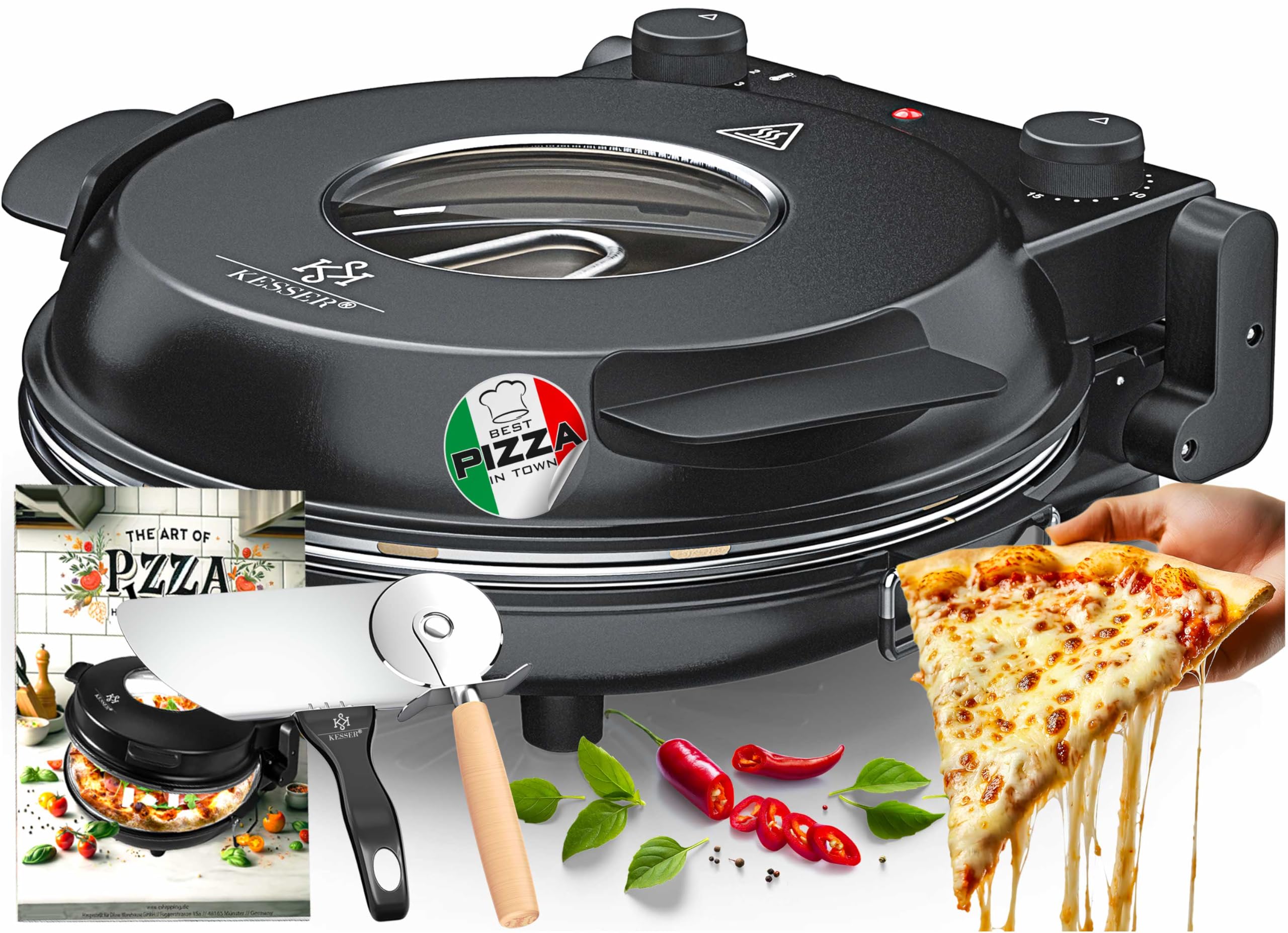 KESSER® Pizza-Ofen elektrisch bis 400 Grad | Elektrischer Pizzabäcker 1200W mit feuerfester Steinplatte & Timer Durchmesser 32cm | 5 Heizstufen & Sichtfenster | inkl. Pizzaschneider & Rezeptbuch