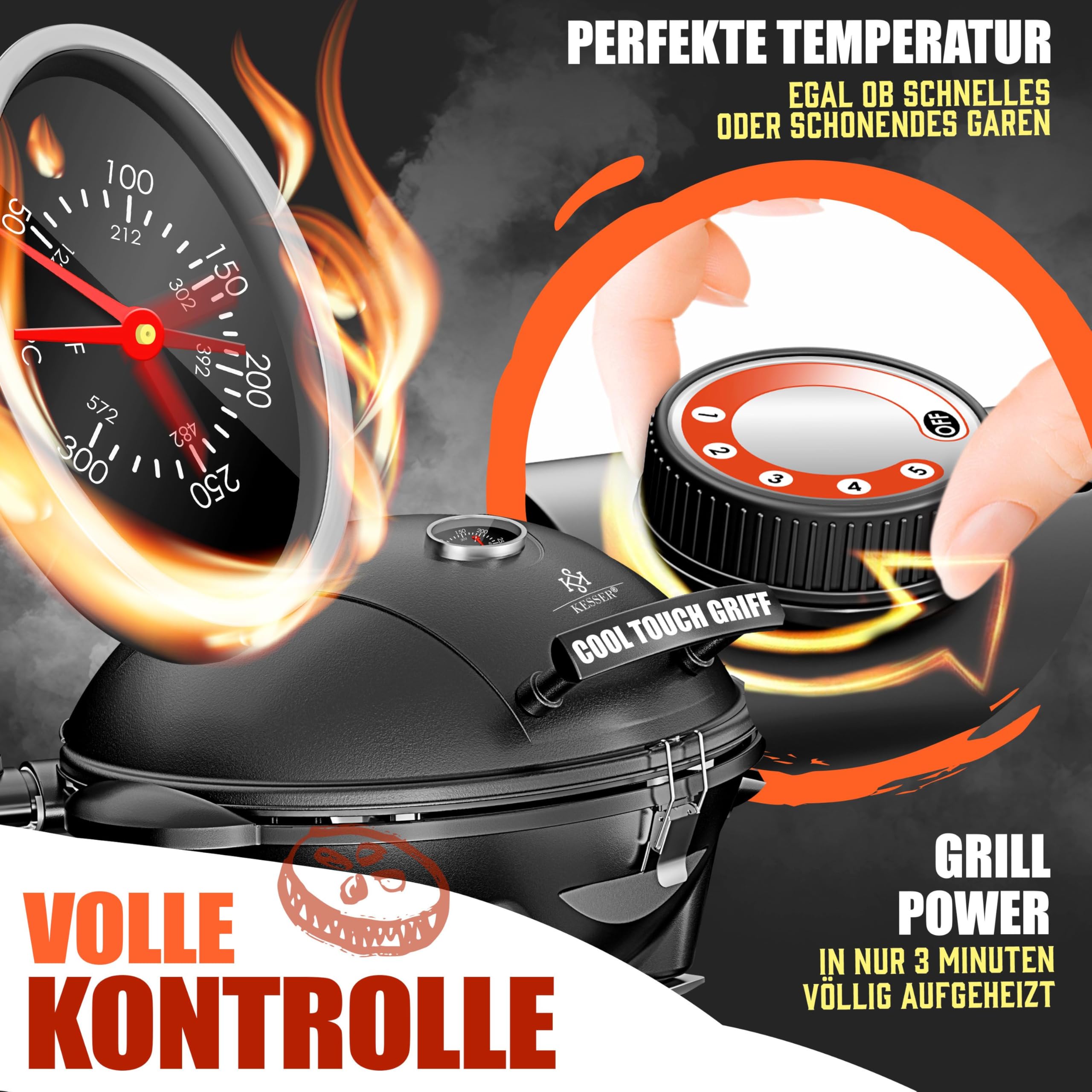 KESSER® elektrischer Elektrogrill 2in1 Tischgrill - Standgrill mit Deckel | max. 2400 Watt | Faltbar | Thermostat | Antihaftbeschichtung | Grillplatte Abstelltische | 2 Räder | inkl. Abdeckung & Zange