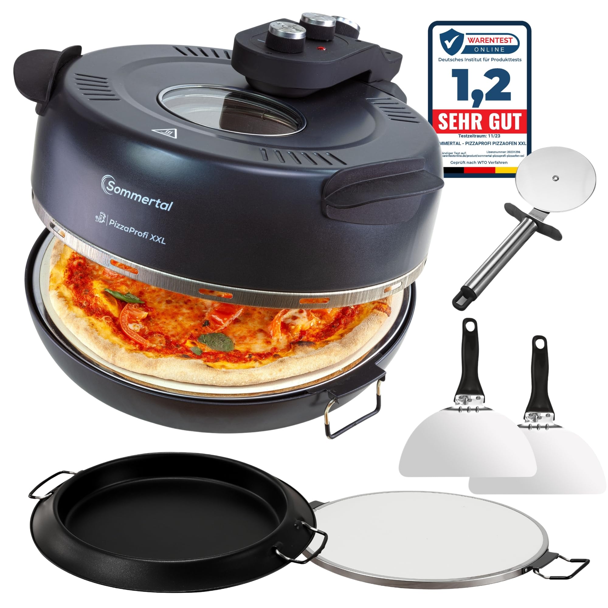 Sommertal PizzaProfi XXL Pizzaofen mit 39cm Steinplatte – Pizza Ofen elektrisch, schnelle 3-Minuten Pizza, bis 380°C – 5-teiliges Set mit Pfanneneinsatz, 2x Pizzaschieber, Schneider, Pizzastein