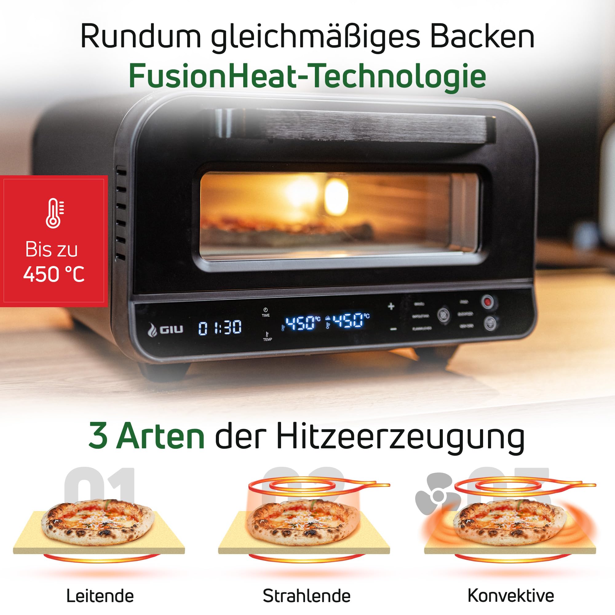 Elektrischer Pizzaofen - Starker Elektro-Ofen für neapolitanische Pizza | Backofen, Pizzaofen, elektrisch, Electric Oven | Über 400 Grad FusionHeat-Tech | Genieße Steinofen-Geschmack Zuhause | GIU