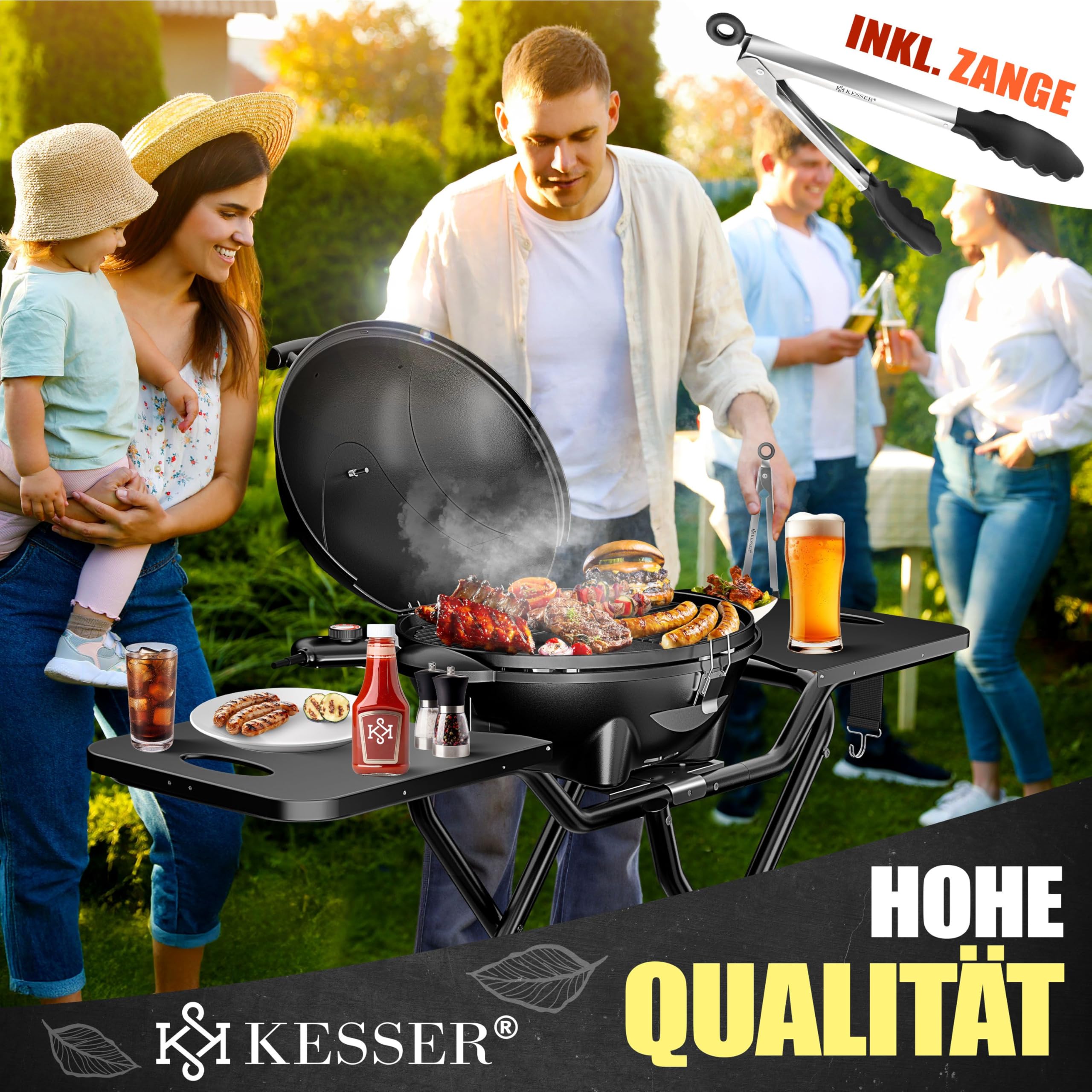 KESSER® elektrischer Elektrogrill 2in1 Tischgrill - Standgrill mit Deckel | max. 2400 Watt | Faltbar | Thermostat | Antihaftbeschichtung | Grillplatte Abstelltische | 2 Räder | inkl. Abdeckung & Zange