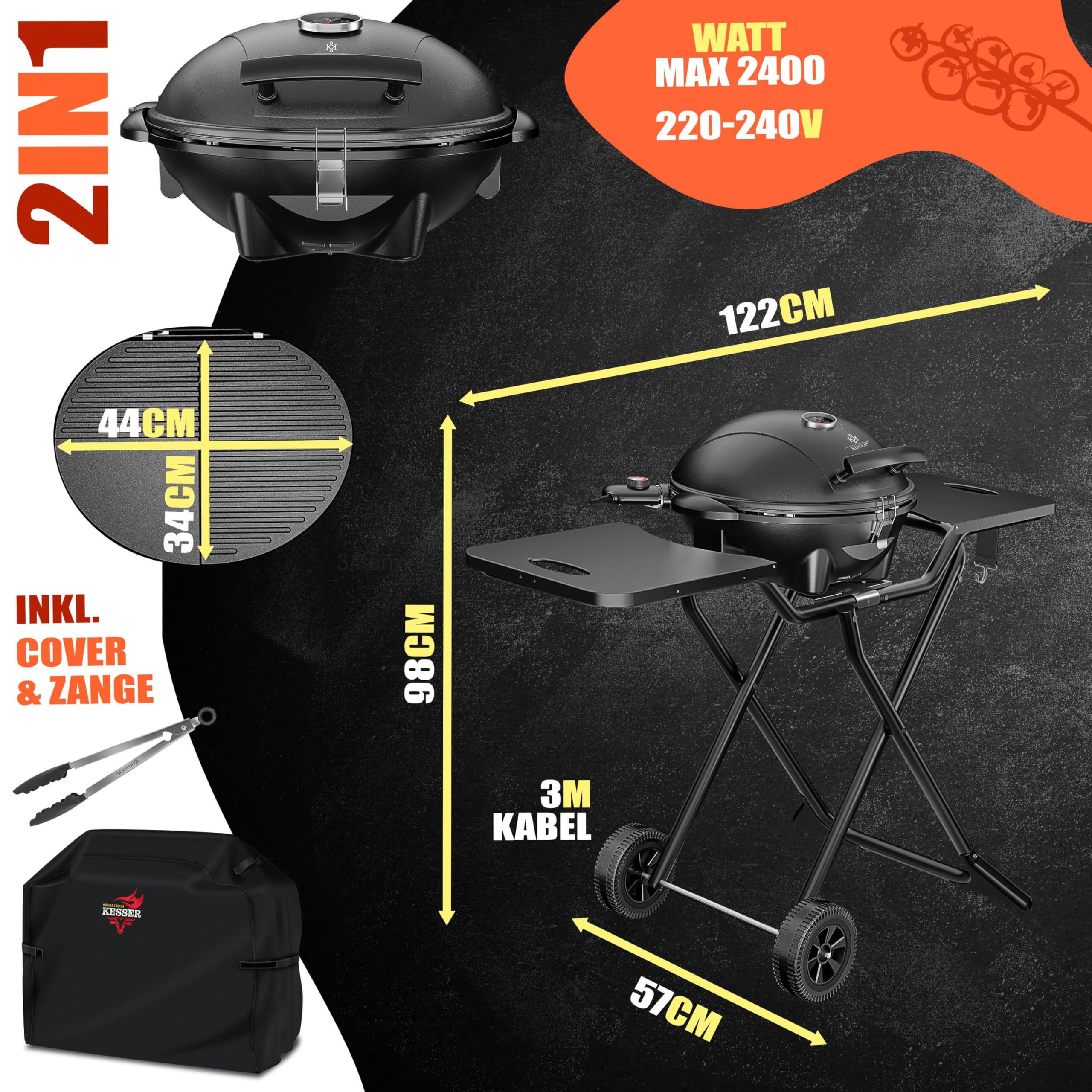 KESSER® elektrischer Elektrogrill 2in1 Tischgrill - Standgrill mit Deckel | max. 2400 Watt | Faltbar | Thermostat | Antihaftbeschichtung | Grillplatte Abstelltische | 2 Räder | inkl. Abdeckung & Zange